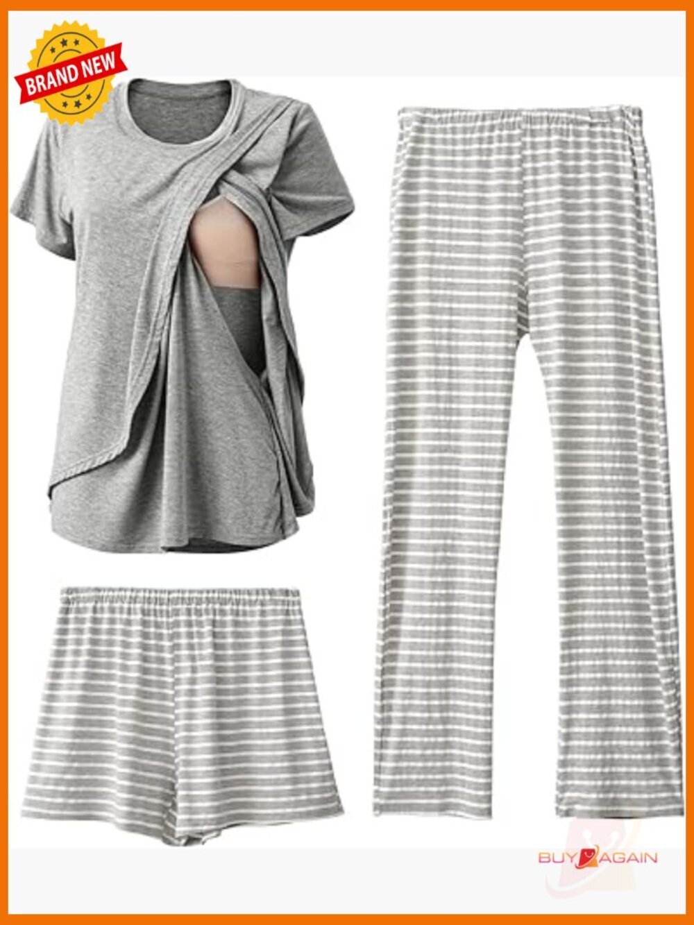 3 Piece Maternity Nursing Pajama Set Soft Breastfeeding Pjs Loungewear Set